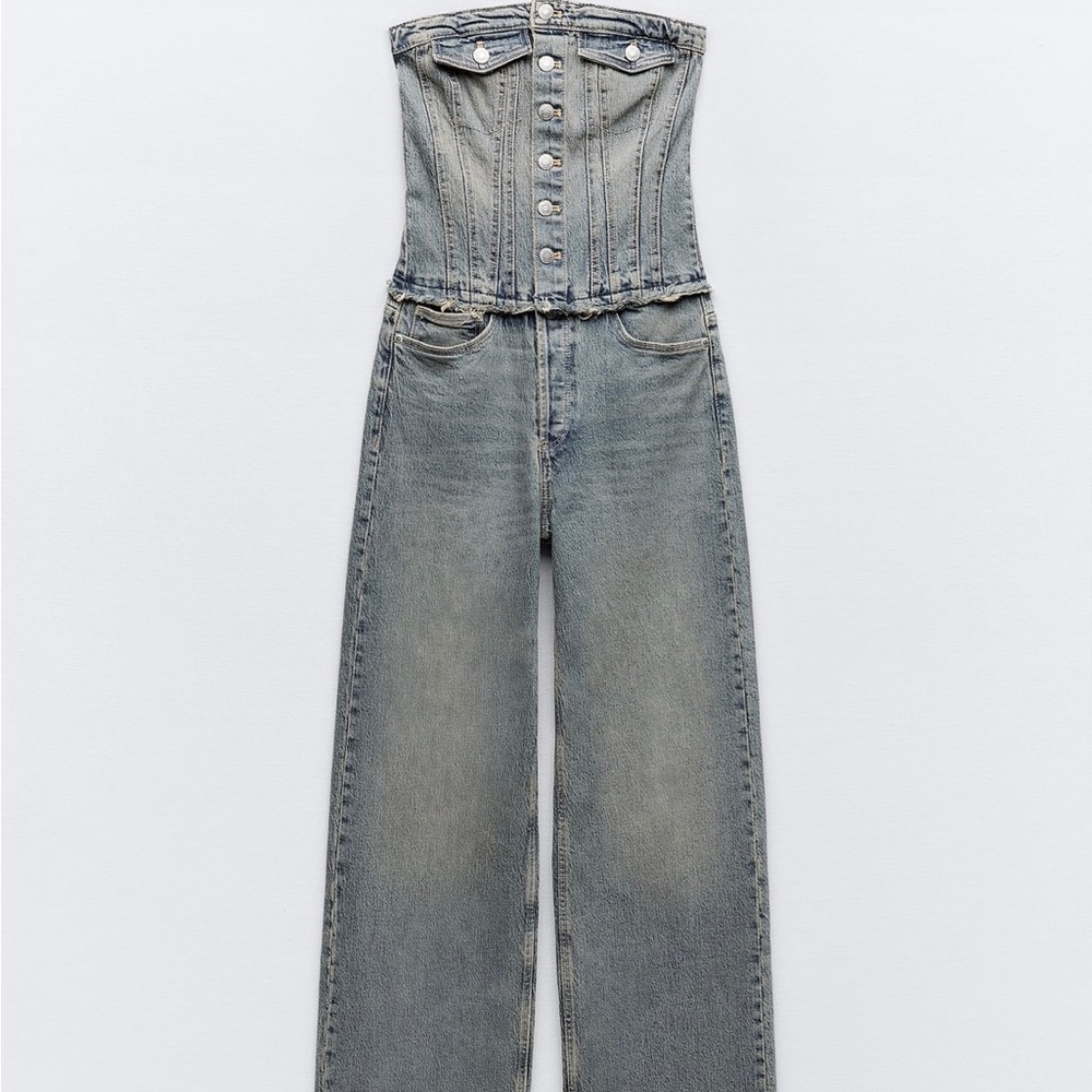 Zara Strapless DENIM JUMPSUIT New Collection - Picture 6 of 7